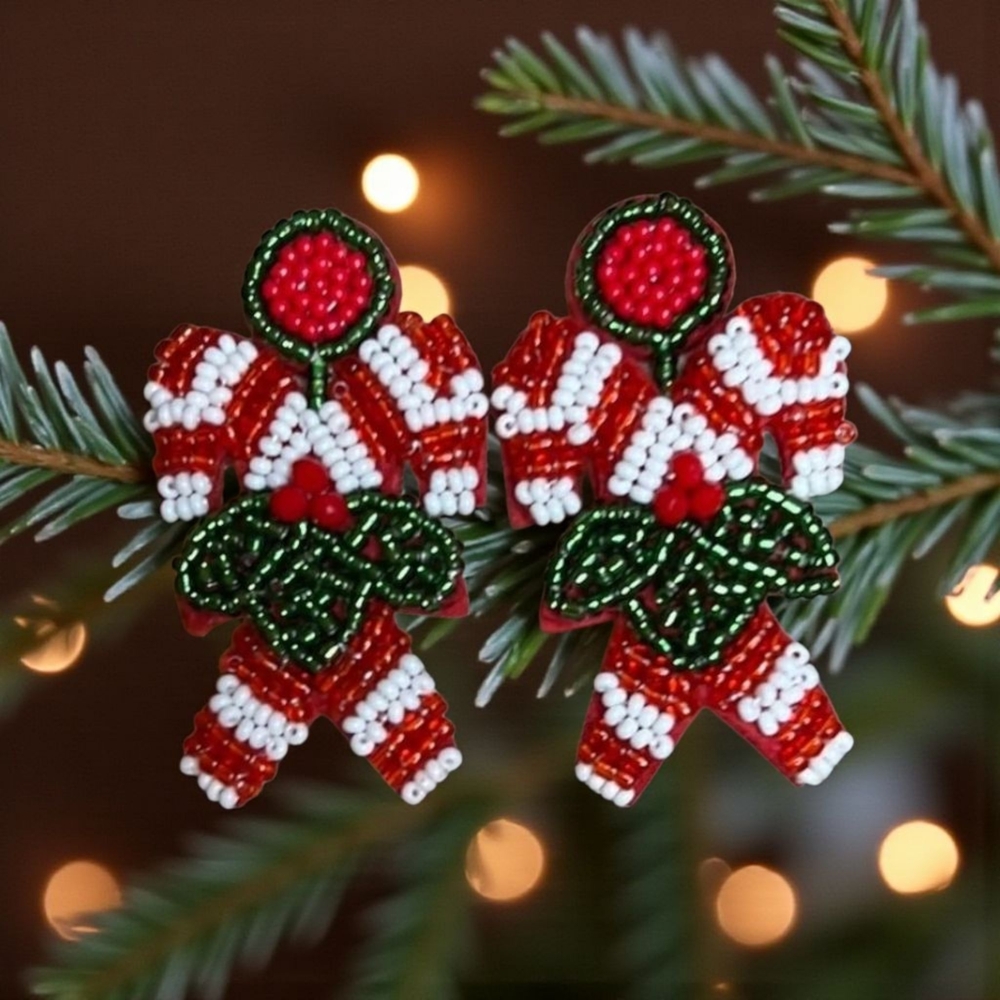 Festive Beaded Candy Cane Earrings - Picture 2 of 3